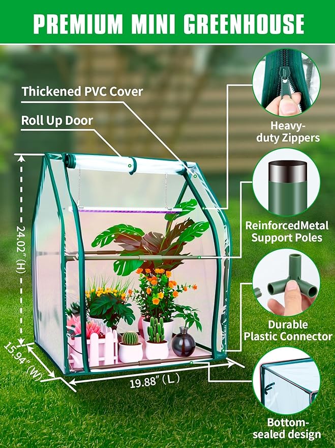 Mini Greenhouse Indoor, Mini Green House with Grow Light, 15W Full Spectrum Plant Lights & Timer for Seed Starter Tray, Indoor Outdoor Plants 24"x16"x20" - Image 2