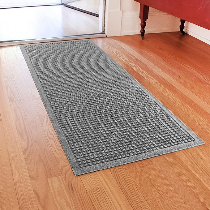 WaterHog Squares Front Door Mat Indoor Outdoor Entrance, Absorbent All-Weather Doormat with Non-Slip Rubber Backing, Dirt & Moisture Trapper, Low Profile, Easy Clean, Made in USA, 22"x60" Medium Grey - Image 4