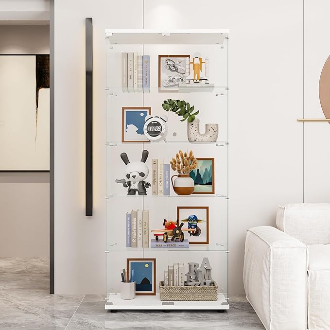 Yoluckea 5 Shelves Glass Display Cabinet with 2 Doors, Curio Collection Glass Display Case for Home Office, Floor Standing Bookshelf Corner Cabinet for Book Toys Glory (White) by Yoluckea
