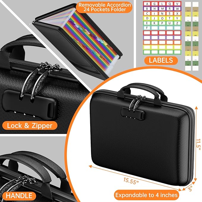 ENGPOW Fireproof Document Box with Lock, Hard Case Fire & Water Resistant File Organizer with 25-Pocket Accordion File Folder, Portable Home Office Safe Storage for Important Documents Laptop Black - Image 5