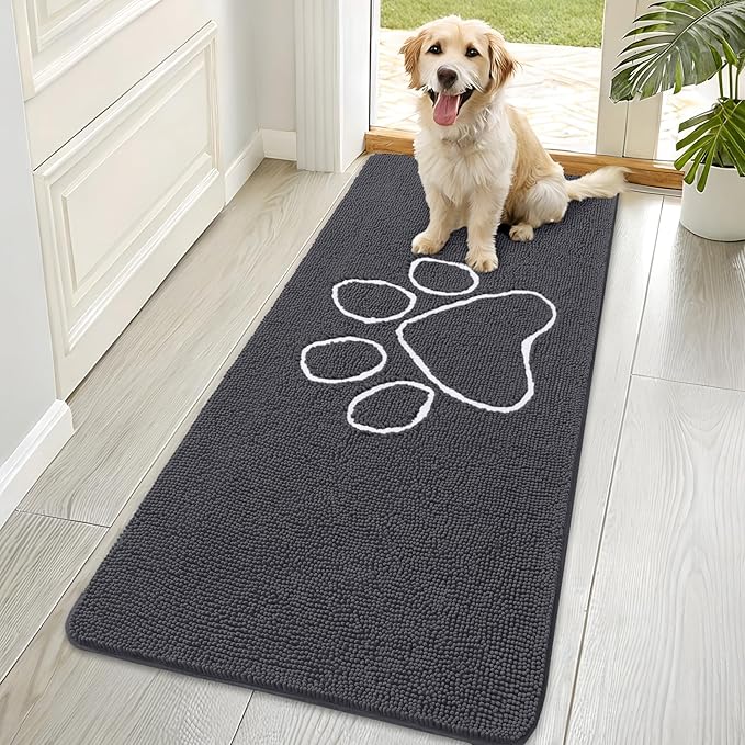 OLANLY Dog Door Mat for Muddy Paws 70x35, Paw Print Design, Absorbs Moisture and Dirt, Absorbent Non-Slip Washable Doormat, Quick Dry Chenille Mud Mat for Dogs, Entry Indoor Entryway Carpet, Dark Grey by OLANLY