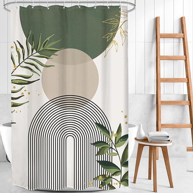 Stall Small Boho Shower Curtain 48Wx72H Rv Sage Green Modern Bohemian Abstract Leaves Mid Century Plant Half Narrow Bathroom Decor Minimalist Geometric Bath Curtain Fabric Polyester 8 Pack Hook by MitpokBrand