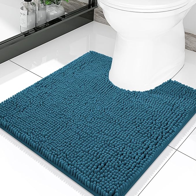 Smiry Luxury Chenille Toilet Rugs U-Shaped 20x20, Soft Absorbent Non-Slip Contour Bathroom Rugs for Toilet, Machine Washable Contoured Bath Mats, Peacock Blue by Smiry