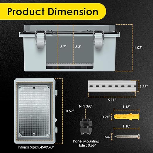 Waterproof Electrical Junction Box, IP67 ABS Plastic Junction Box Enclosure with Aluminum DIN Rail, Mounting Plate, Wall Brackets for WiFi Electronics Project, Clear (10.2''×6.3''×3.9'') - Image 3
