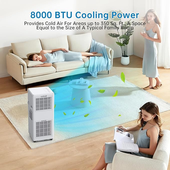 GarveeLife 8,000 BTU Portable Air Conditioner – 3-in-1 AC Unit with Dehumidifier & Fan, Quiet Cooling, Remote, 24H Timer, Window Kit, Cools Up to 350 Sq.Ft – White Top Cover + Black Nameplate - Image 3