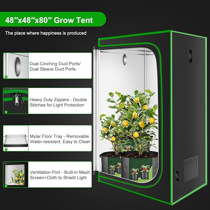 MELONFARM 4x4 Grow Tent, 48"x48"x80'' High Reflective 600D Diamond Mylar Canvas with Observation Window and Floor Tray for Hydroponic Indoor Plant Growing - Image 4