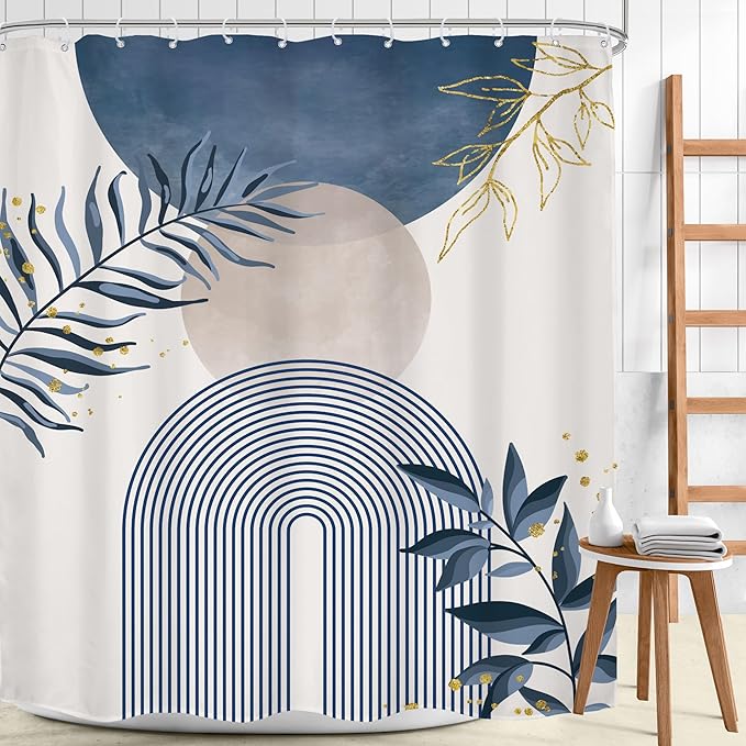 Blue Gray Boho Shower Curtain 72Wx84H Extra Long Dusty Blue Modern Bohemian Abstract Gold Leaf Mid Century Plant Bathroom Decor Minimalist Geometric Bath Curtain Fabric Polyester 12 Pack Hooks - Image 2