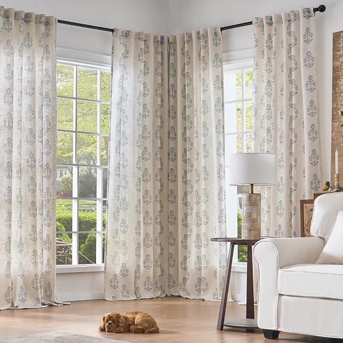 jinchan Linen Floral Curtains for Living Room 84 Inch Length Blue Flower Cottage Core Farmhouse Curtains Rod Pocket Back Tab Boho Semi Sheer Window Drapes Bedroom Set 2 Panels Blue on Beige - Image 8