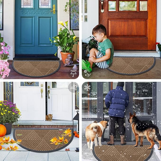 Smiry Half Circle Front Door Mat Outside Entrance, Heavy Duty Sturdy Natural Rubber Doormat, Trap Dirt and Moisture, Low Profile Mats for Indoor Outdoor Entry, Irregular Triangle (35x23, Brown) - Image 7
