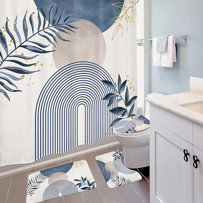 4 PCS Navy Blue Gray Boho 72Wx72H Shower Curtain Set Modern Mid Century Plant Bath Rug Toilet Lid Cover Nonslip U Shape Mat Quick Dry Rubber Backed Dirt Resistant Accessories Bathroom Decor - Image 3