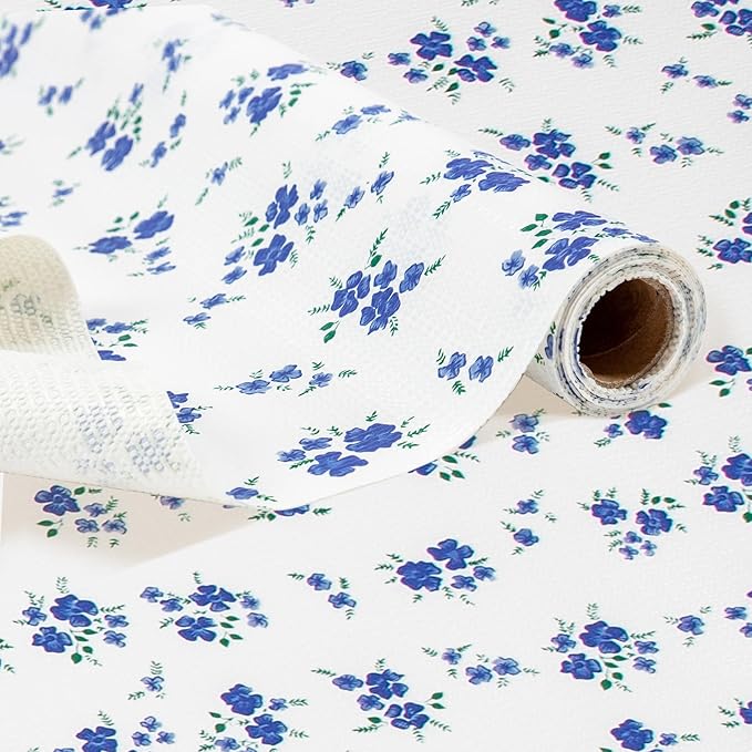 RAY STAR Shelf Liner, Non Adhesive Blue Floral Printed Kitchen Cabinet Liner for Pantry Drawer Vanity, Strong Grip Non Slip, Shelf Liners for Kitchen Cabinets Cupboard 18 Inch x 8 FT (3 Rolls) by RAYSTAR