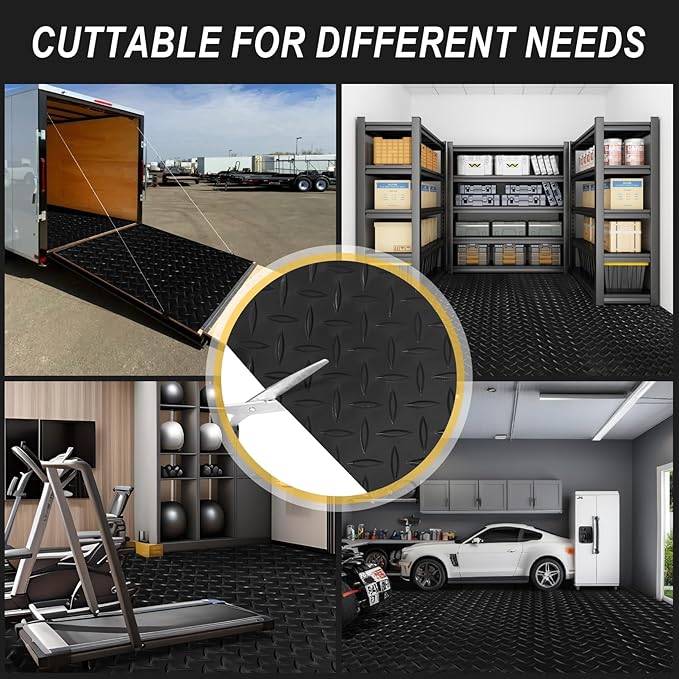 8x25 FT Garage Floor Mat, 2.8mm Thickened Flooring Roll for Under Car Diamond Plate PVC Rubber Mat with 20 Pcs Tapes, Non-Slip Floor Mat for Garage, Warehouse, Gyms, Trailer, Black - Image 8