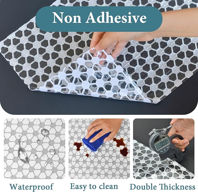 Drawer and Shelf Liner for Kitchen Cabinet: 12 in X 20 Ft Non Slip Waterproof Shelf Paper Non Adhesive Refrigerator Liners Silver Square Easy Liners for Bathroom with Knife Tape Measure - Image 4