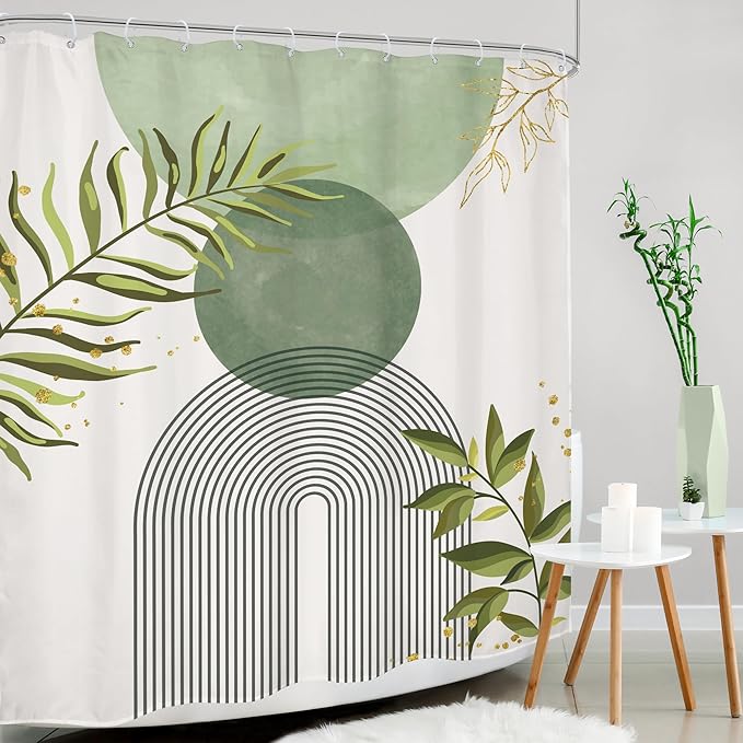 Sage Green Boho Shower Curtain 60Wx72H Modern Bohemian Abstract Leaves Olive Dark Green Mid Century Plant Bathroom Decor Minimalist Geometric Arch Bath Curtain Fabric Polyester 12 Pack Hooks - Image 3