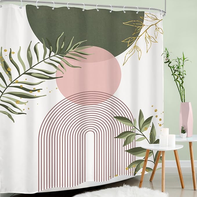 Pink Green Boho Shower Curtain 72Wx84H Extra Long Bohemian Mid Century Modern Abstract Sage Green Gold Leaves Plant Minimalist Bathroom Decor Arch Bath Curtain Fabric Polyester 12 Pack Hooks - Image 3