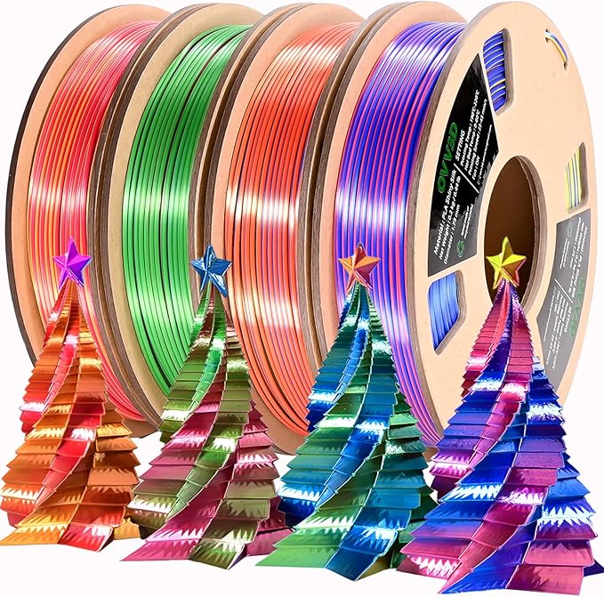 PLA Filament 1.75mm, Tri-Colors 3D Printer Filament, Rainbow PLA Filament Bundle, Coextrusion 3D Filament with Silk PLA Color Change, 3D Printing Filament +/-0.02mm, 200g X 4 Spool by OVV3D