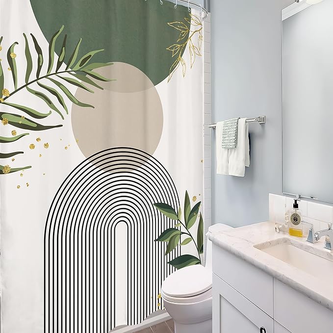 Small Stall Green Boho Shower Curtain 54Wx78H Rv Modern Bohemian Abstract Sage Green Gold Leaves Plant Minimalist Narrow Half Bathroom Decor Geometric Bath Curtain Fabric Polyester 12 Pack Hook - Image 4