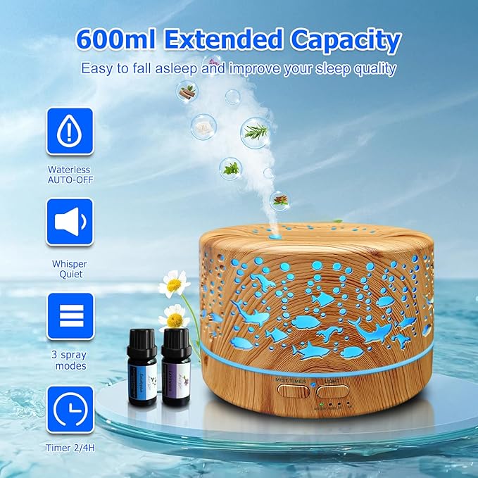 Diffusers for Essential Oils Large Room with R/C,600ml Essential Oil Diffusers for Home,Waterless Auto Off 7 Colors Changed 3 Mist Modes,Cool Mist Humidifiers for House Bedroom Decor,Gifts,Light Wood - Image 2