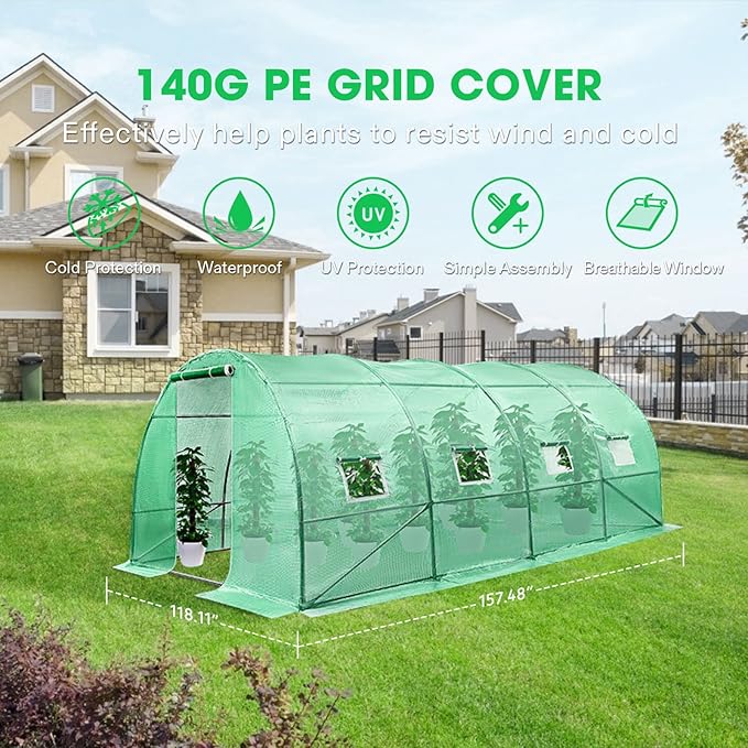 VIVOSUN 13x10x7 Ft. Large Walk in Greenhouse, Greenhouse Tunnel, Garden Plant Hot House with Green PE Cover, Roll-up Zipper Door and Window for Outdoor - Image 4