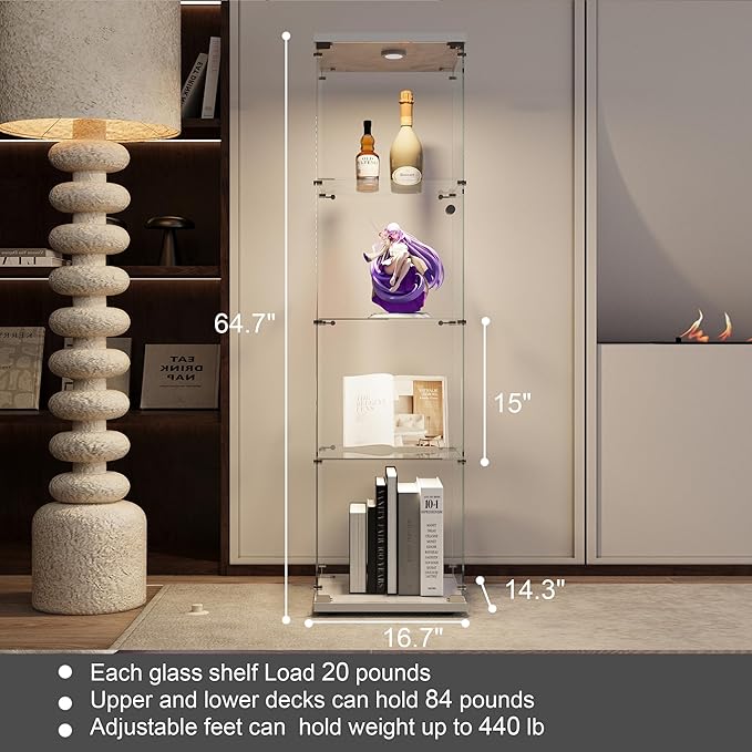 Yoluckea 4 Shelves Glass Display Cabinet with LED Light and Door, Curio Collection Glass Display Case for Home Office, Floor Standing Bookshelf Corner Cabinet (White) - Image 2