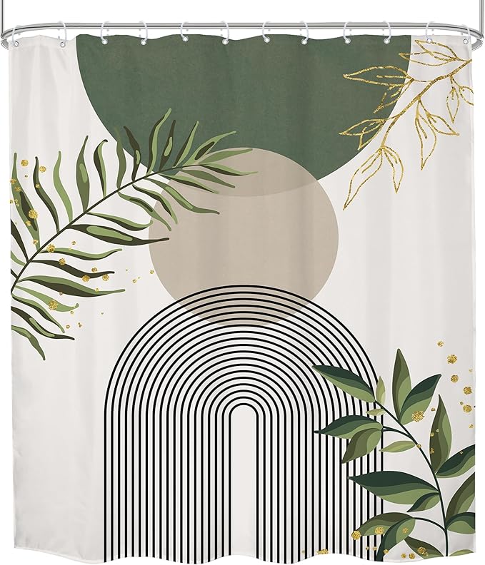 Green Boho Shower Curtain Extra Long Modern Abstract Bohemian Green Gold Minimalist Leaves Mid Century Arch Bathroom Decor Geometric Plant 72Wx84H Bath Curtain Fabric Polyester 12 Pack Hooks - Image 8
