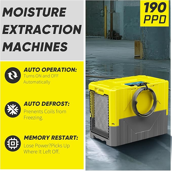 190Pints High Efficiency Commercial Dehumidifier for Basements-6000 Sq.Ft. Industrial Grade Dehumidifiers with Pump & Drain Hose for Crawl Spaces Water Damage Restoration-Light Yellow-1PC - Image 2