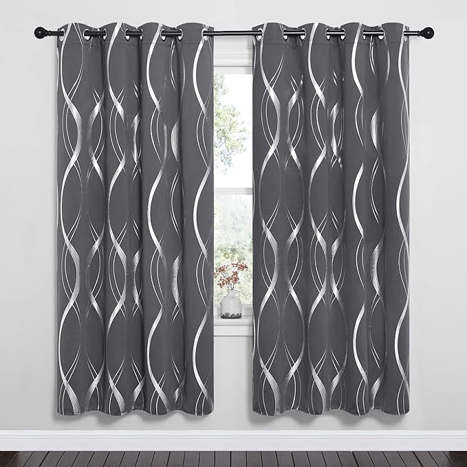 NICETOWN Gray Blackout Curtains 72 inch Long for Bedroom - Microfiber Noise Reducing Thermal Insulated Wave Line Foil Print Design Drapes for Patio Sliding Glass Door (2 Panels, 52 x 72 Inch) - Image 2