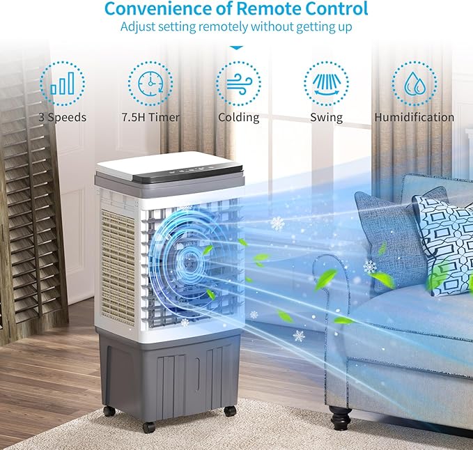 TABU 2354CFM 3-in-1 Evaporative Air Cooler, 6.6-Gal Water Tank Portable Swamp Cooler of Cooling, Humidifier& Fan,3 Wind Speeds,120° Oscillation,7.5H-Timer,Remote Control,Grey - Image 4