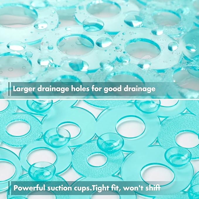 WELTRXE Oval Bathtub Mat Non Slip, Clear Teal Bubbles Bath Mats for Tub, Shower Mat with Drain Holes, Suction Cups, Machine Washable Bath Tub Mat, BPA, Latex, Phthalate Free for Bathroom, 27 x 14 Inch - Image 3