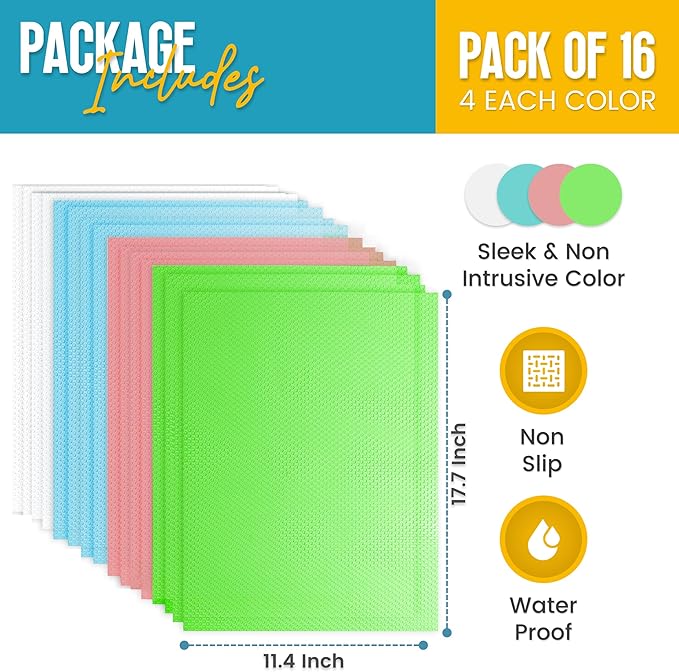 Refrigerator Liners for Shelves (16 Pack) by Linda’s Essentials - Non-Adhesive Shelf or Drawer Liner, BPA-Free Fridge Mats for Kitchen & Cabinets, Easy to Clean, Ideal Household Essentials(MultiColor) - Image 2