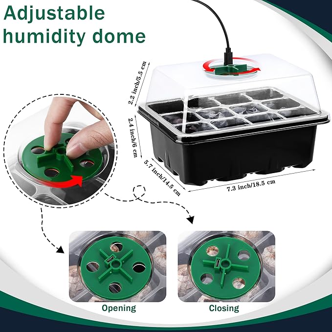 6 Pack Seed Starter Tray Kit with Grow Light and Humidity Dome Germination Trays with 72 Peat Pellets, Plant Labels, Gardening Tools, Plant Growing Trays for Seeds Growing Starting, Black - Image 4