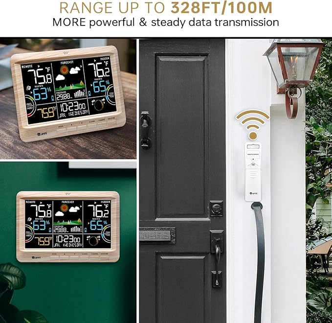 Weather Station Indoor Outdoor Thermometer Wireless, Home Atomic Clock with Large Constant Display, Inside Outside Temperature Humidity Monitor, Dew Heat Point, Barometer Wood - Image 2