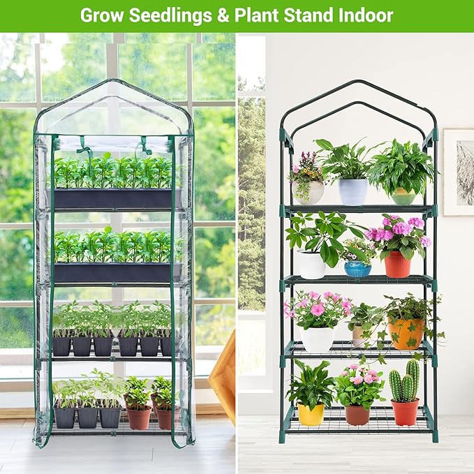 Mini Greenhouse for Outdoors Indoor: Ohuhu Small Green House with 4 Tier Shelves, Portable Plastic Greenhouses with Heavy Duty Transparent PVC Cover for Winter Garden Patio Backyard Porch Balcony - Image 4