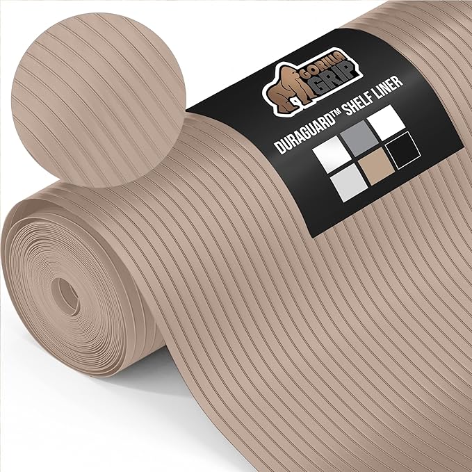 GORILLA GRIP DuraGuard Shelf Liner, Non-Adhesive Cabinet Liners for Kitchen Drawers, Shelves, Refrigerator, Pantry Storage, Bathroom Closet, Durable Waterproof BPA Free Ribbed Plastic, 20x10 Beige by GorillaGrip