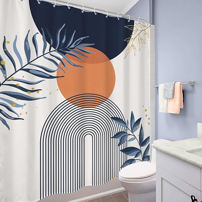 Navy Blue Boho Shower Curtain 60Wx72H Modern Abstract Bohemian Blue Gold Leaves Orange Minimalist Mid Century Plant Arch Bathroom Decor Neutral Geometric Bath Curtain Polyester 12 Pack Hooks - Image 4