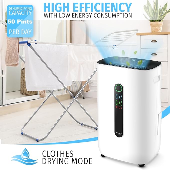 Nyxi 4,500 Sqft / 50 Pints Compressor Dehumidifier, Smart Digital Humidity Control, XL Water Tank 1.7 Gallon, Drain Hose Option, 24-Hour Timer, Removes Moisture for Home, Laundry, Office - Image 2