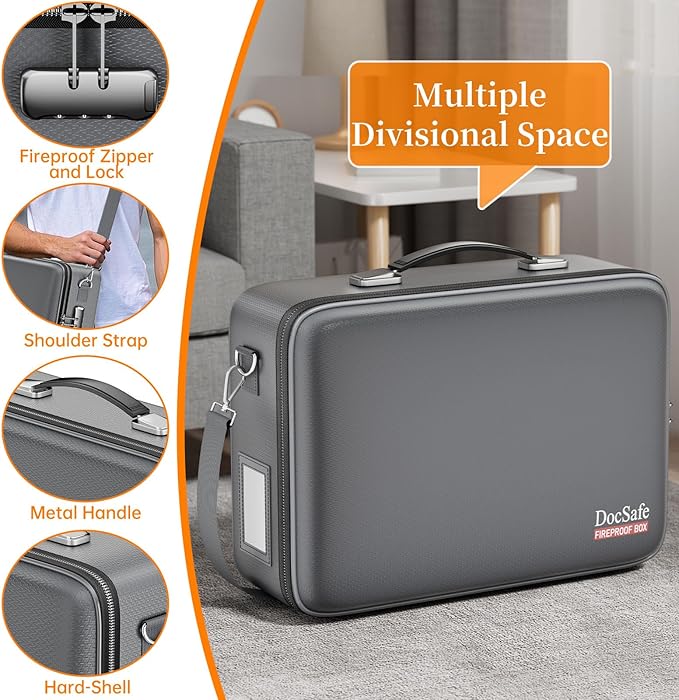 DocSafe Fireproof Document Box with Lock, Hard Case File Organizer with Accordion File Folder, Fireproof Water Resistant Safe Box Home Office Travel Storage for Important Documents Laptop Gray - Image 4