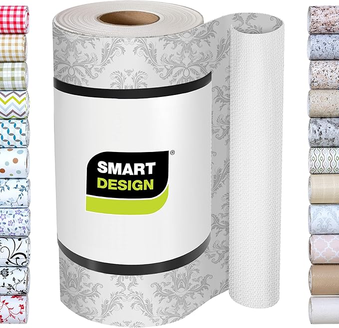 Smart Design Bonded Grip Shelf Liner - 12 Inch x 10 Feet - Non Adhesive, Strong Grip Bottom, Easy Clean Kitchen Drawer, Cabinet, Cupboard Dresser Protector Cover, Non Slip Rubber Mat - Fleur Gris by PROMART