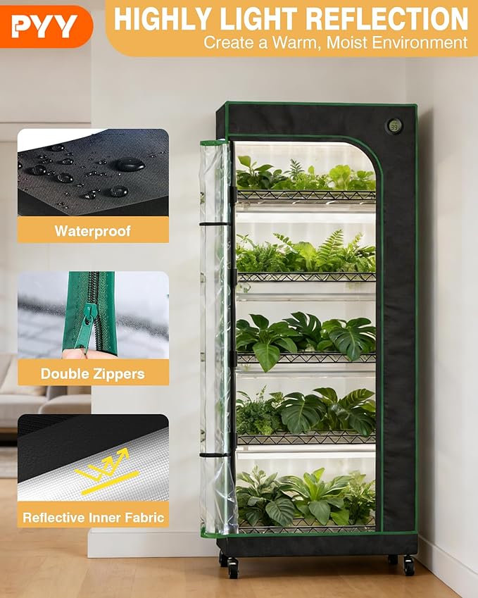 PYY Indoor Greenhouse with Grow Light - 6 Tier Heavy Duty T8 3000K Grow Lights, Curved Zip Door, Thermometer & Timer, Adjustable Shelves, 4 Caster Wheels for Home & Garden (27.6"x15.7"x70.9") - Image 5