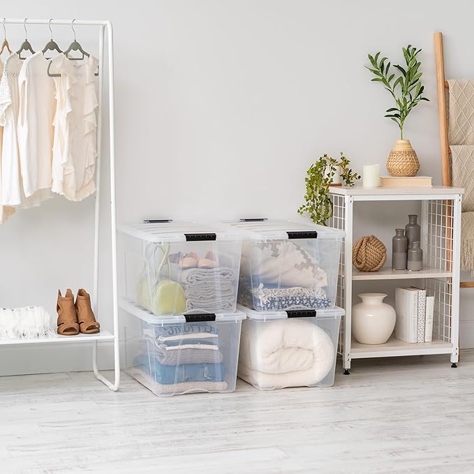 IRIS USA 72 QT Plastic Storage Box with Lid and Latches - 4 Pack - BPA-Free, See-Through Organizing Solution, Durable Nestable Stackable Containers, Secure Pull Handle - Clear - Image 4