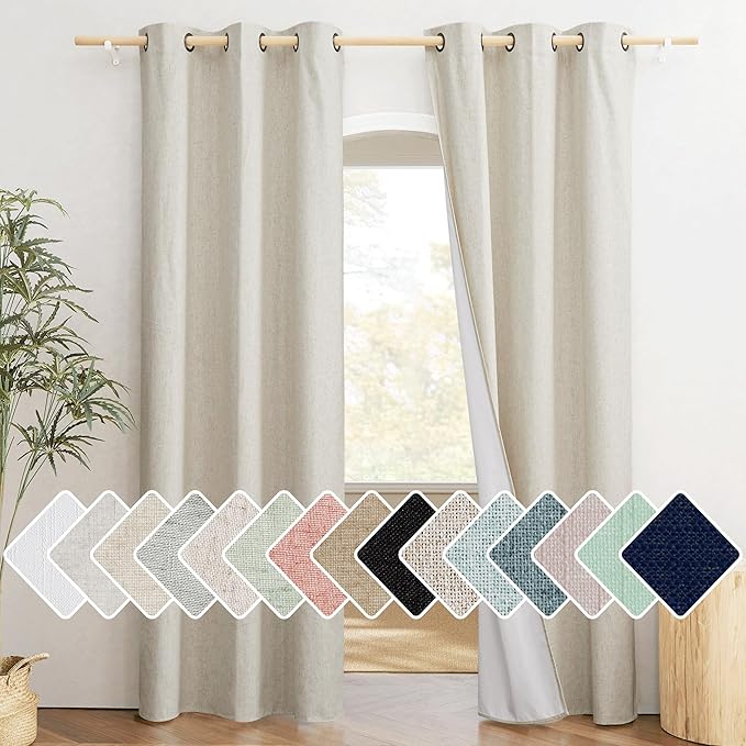 NICETOWN Natural Full Blackout Boho-Chic Linen Curtains 84 inch Long 2 Panels Set for Cafe Window, 42 inch Wide, Thick Linen Blend Drapes, Insulated Window Covers Draperies with White Backing by NICETOWN