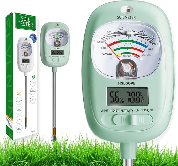 HSLGOVE Soil Test Kit, 7-in-One Soil Moisture Meter/Soil PH Meter/Fertility, Dual Screen Soil Tester w/Digital Soil Temp/Air Temp&Humidity for Plants Gardening,Lawn,Farm Indoor&Outdoor-Blue Green by HSLGOVE