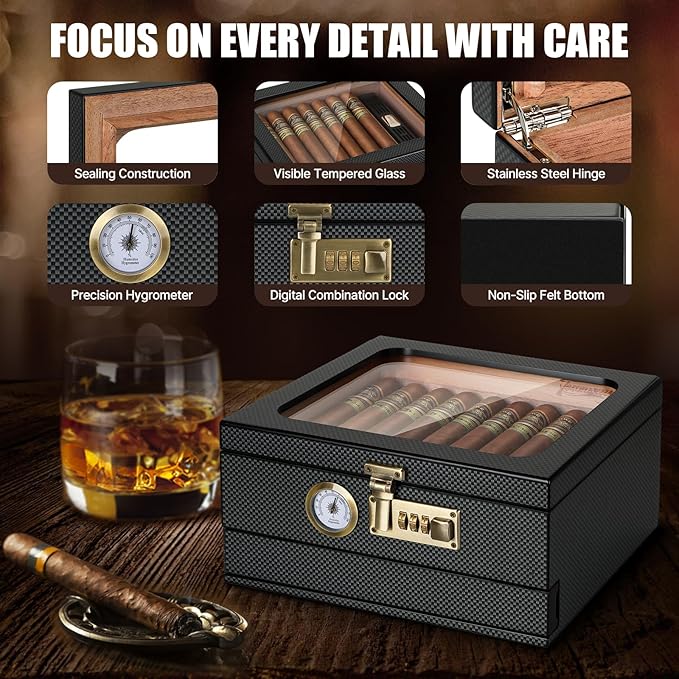 Cigar Humidor, Cedar Wood Humidor Cigar Box, Glass Top Desktop Humidor with Front Hygrometer, Humidifier, Divider, Accessories Drawer and Combination Lock, Cigar Gifts for Men (Carbon Black) - Image 6