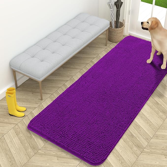 OLANLY Dog Door Mat for Muddy Paws 59x24, Absorbs Moisture and Dirt, Absorbent Non-Slip Washable Doormat, Quick Dry Chenille Mud Mat for Dogs, Entry Indoor Entryway Carpet for Inside Floor, Purple by OLANLY