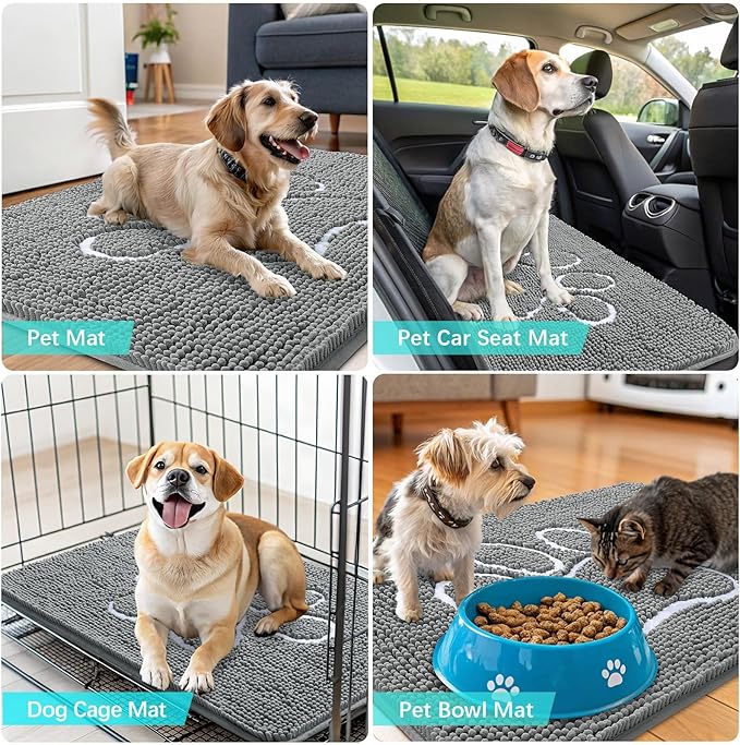 OLANLY Dog Door Mat for Muddy Paws 30x20, Paw Print Design, Absorbs Moisture and Dirt, Absorbent Non-Slip Washable Doormat, Quick Dry Chenille Mud Mat, Entry Indoor Entryway Carpet, Grey and White - Image 7