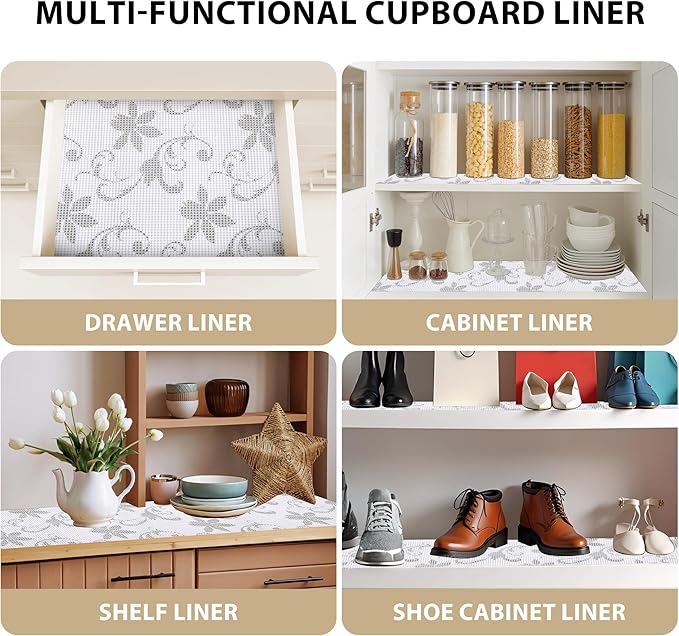 Shelf Liners for Cabinets-Drawer Liner Cabinet Liners for Shelves Kitchen,Non-Adhesive,Non-Slip,White Floral,12 in x 10Ft (120 inch) - Image 4