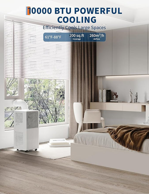 10,000 BTU (ASHRAE) Portable Air Conditioner - 3-in-1 Drainage-Free AC, Dehumidifier & Fan for Rooms Up to 215 Sq.ft, Ultra-Quiet 49dB Sleep Mode, 24H Timer, Remote & Window Kit, White - Image 2