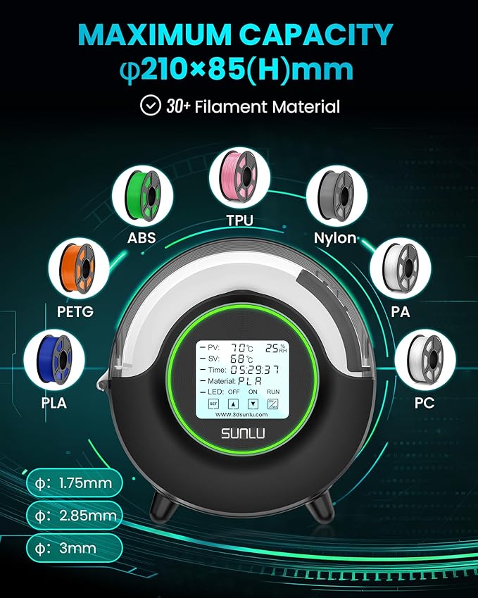 SUNLU Official Filament Dryer S2, Upgraded 3D Filament Dryer with 360°Heating Fan, Filament Dehydrator, One-Key Set with 4.6" Touch Sreen, Compatible with 1.75 2.85 3.00mm PLA PETG ABS Filament, Black - Image 6