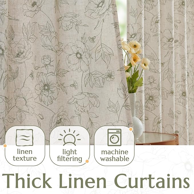 jinchan Floral Linen Curtains for Living Room 96 Inch Length Green Flower Curtain Rod Pocket Back Tab Farmhouse Curtains with Printed Floral Bedroom Window Curtain Set, 2 Panels Green - Image 3