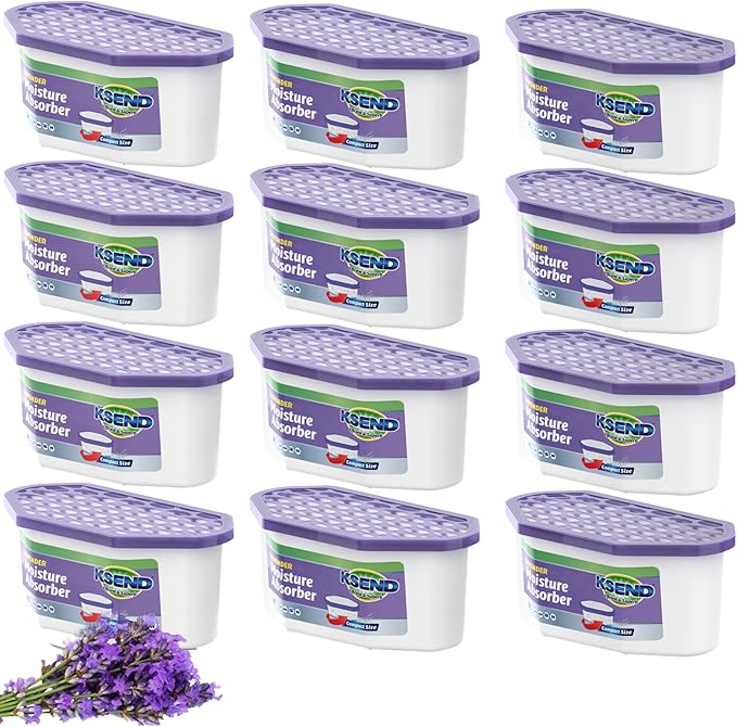 Moisture Absorbers, 12 Pack, Compact Dehumidifier for Closet, Efficient Humidity Absorber Boxes, Moisture Absorber for Closet, Odor Eliminator with Lavender Fragrance, Purple, 6.4oz, 300ml by Ksend